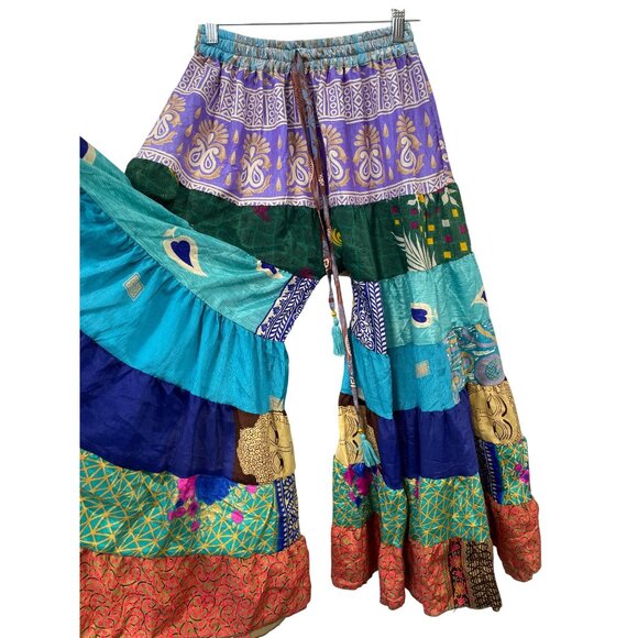 Patchwork Palazzo Pants One Size Tiered Floral Geometric Wide Leg Boho Hippie - Picture 2 of 7